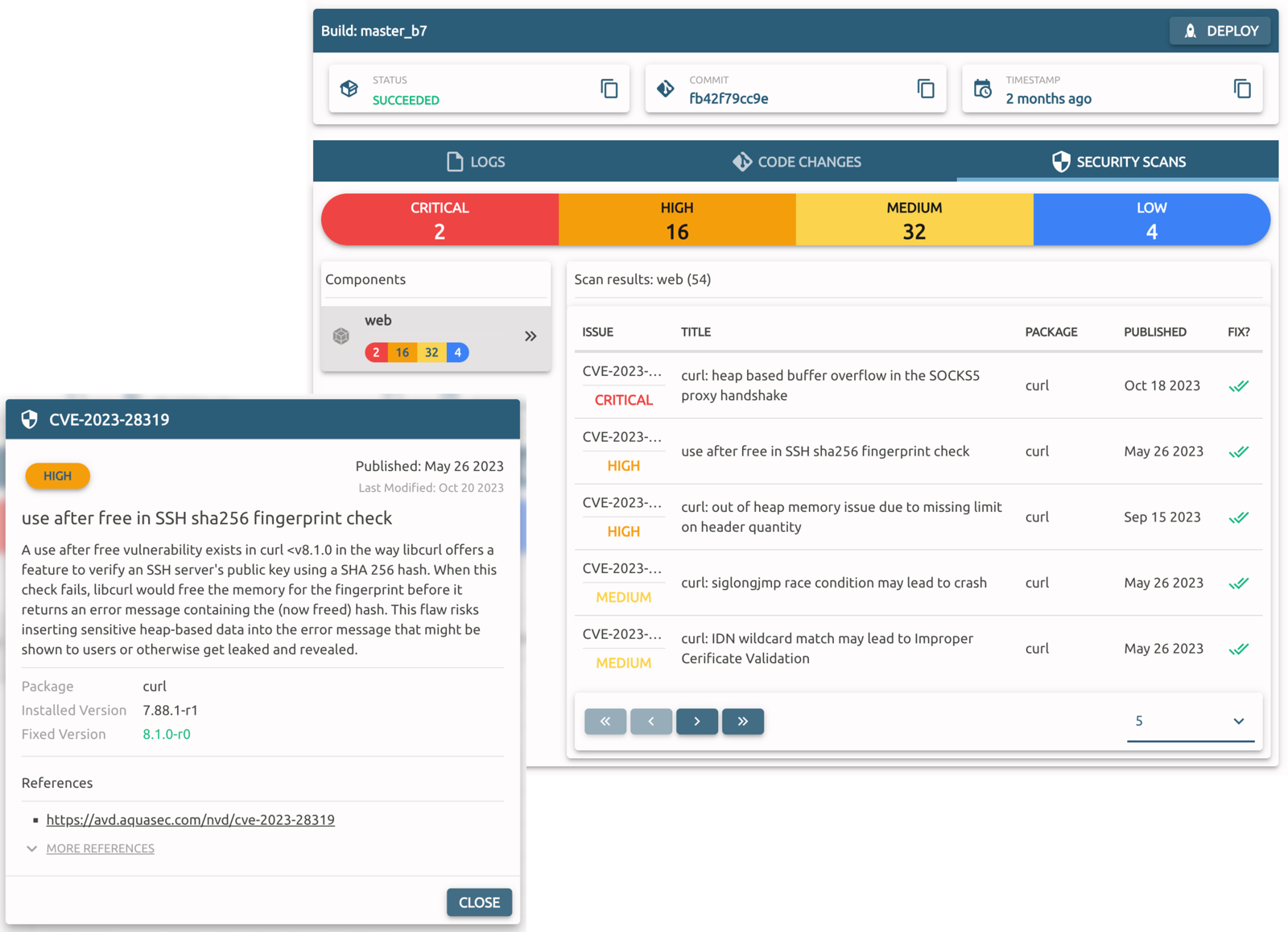 Vulnerability scan results per build, with details and recommendations