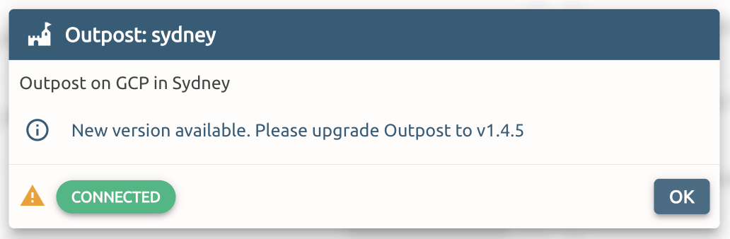 An Outpost reporting its version, with an upgrade hint